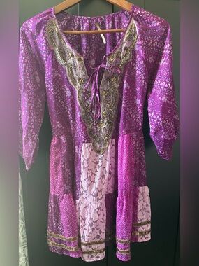 Free People Pheasant blouse in pink & purple. Beautiful boho beaded size S